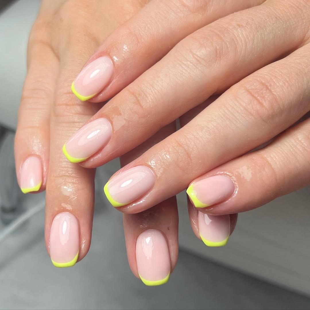 Neon Yellow French Tip Short Squoval Nails
