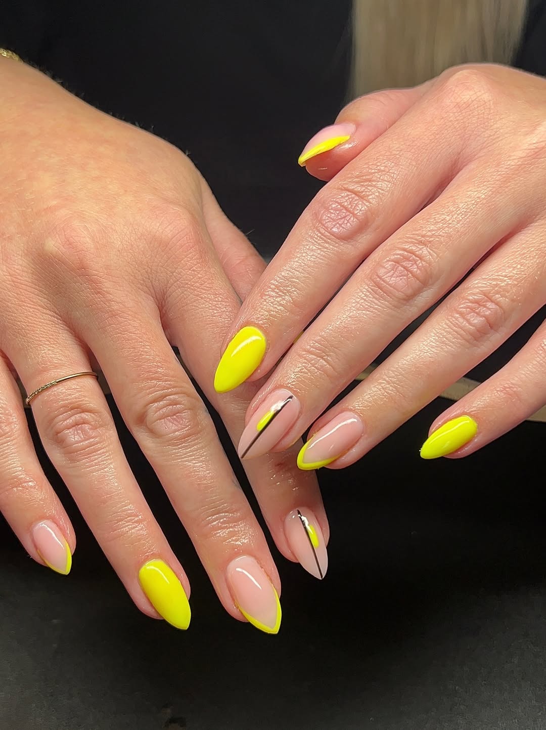 Neon Yellow French Tips with Abstract Lines