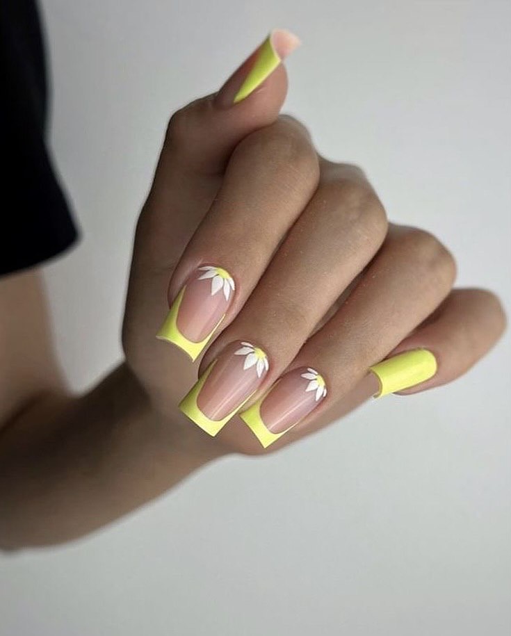 Neon Yellow French Tips with Daisy Accents