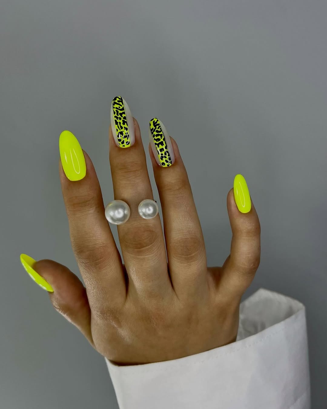 Neon Yellow Leopard Print Summer Almond Nails
