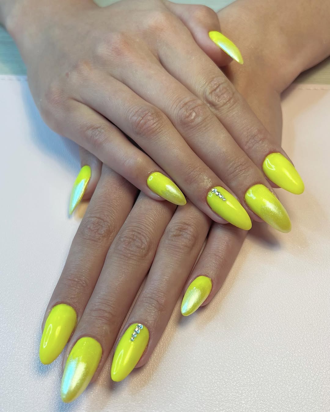 Neon Yellow Shimmer Almond Nails with Rhinestones