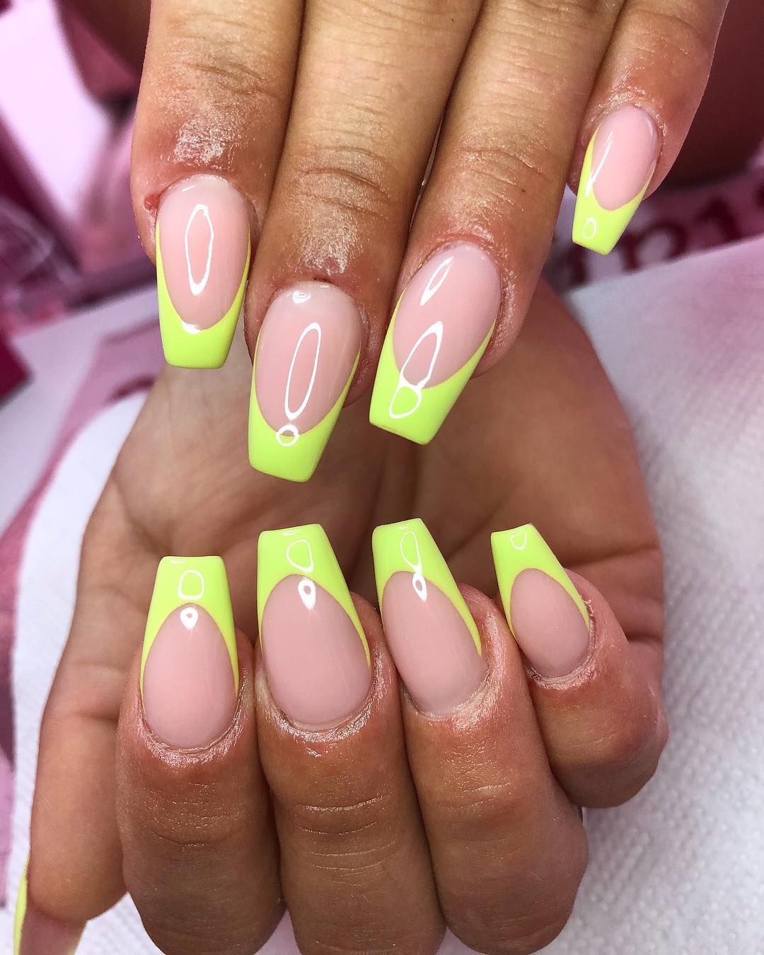 Neon Yellow V-Cut Coffin French Tips