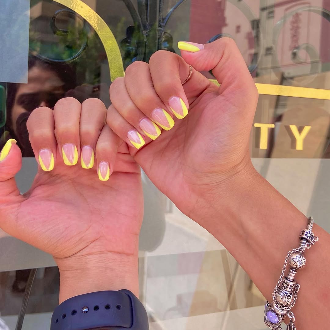 Neon Yellow V-French Glossy Short Squoval Nails