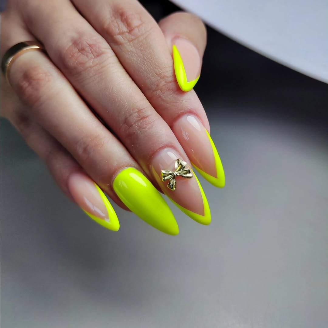 Neon Yellow V-French Tips with Gold Bow Decal