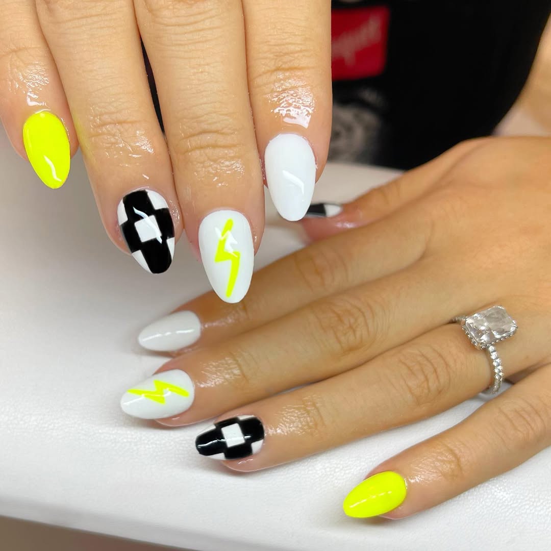 Neon Yellow White Checkerboard Lightning Bolt Nails