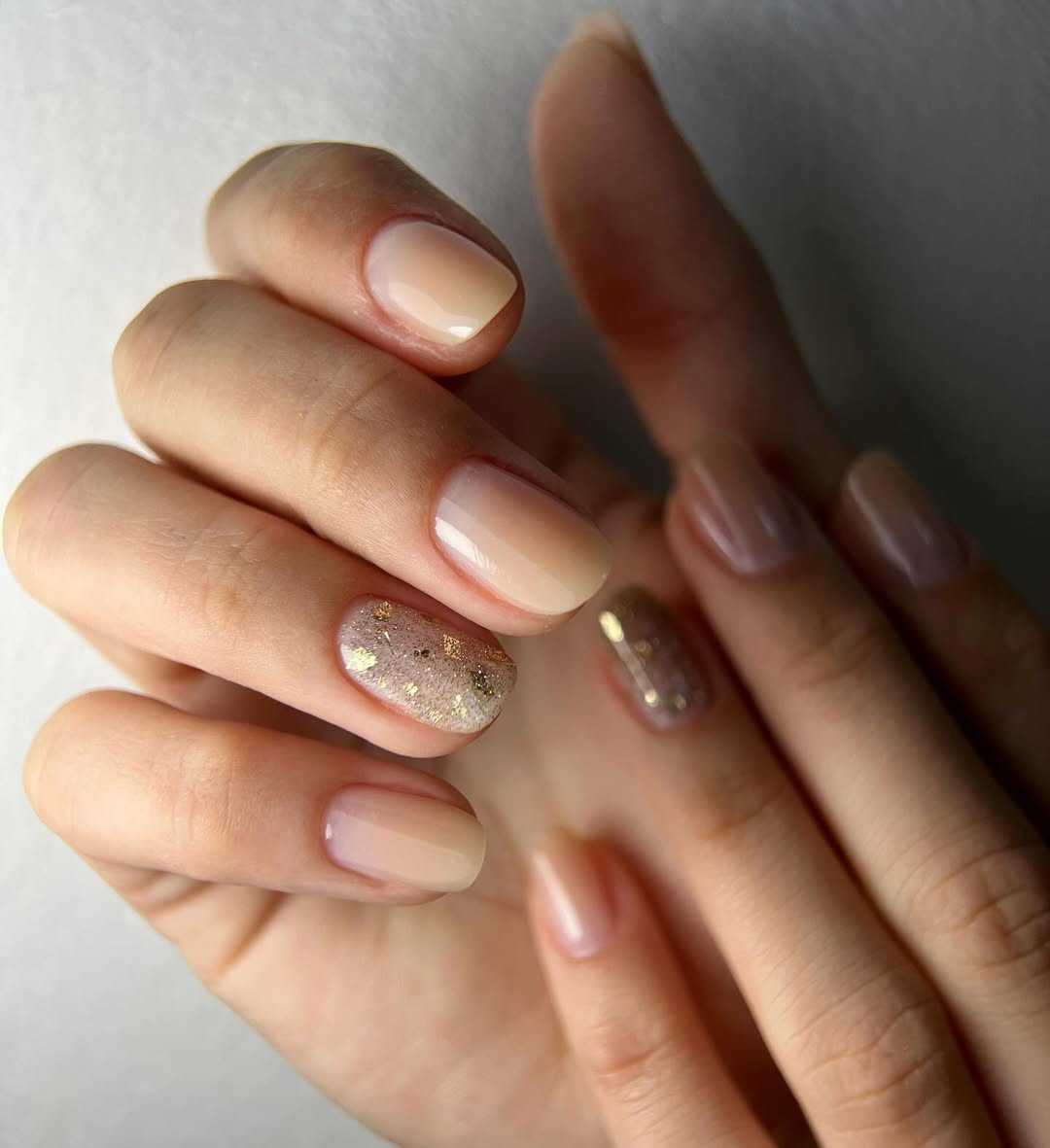Nude Gel Nails with Gold Flake Accent