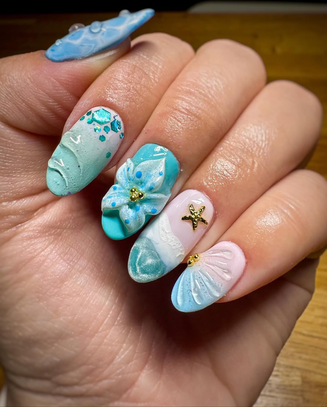 Ocean Blue 3D Flower and Seashell Nails