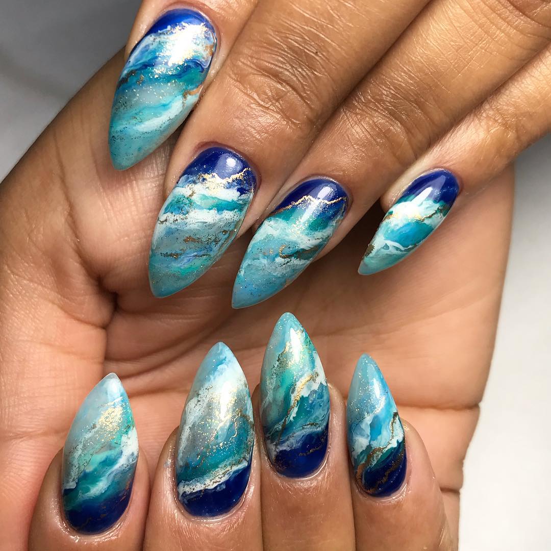Ocean Wave Blue Gold Marble Stiletto Nails