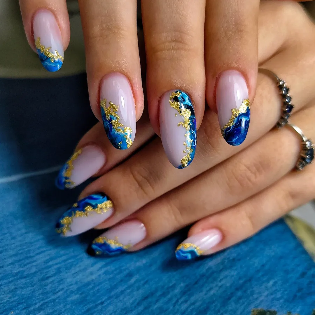 Ocean Waves Gold Flakes Almond Nails