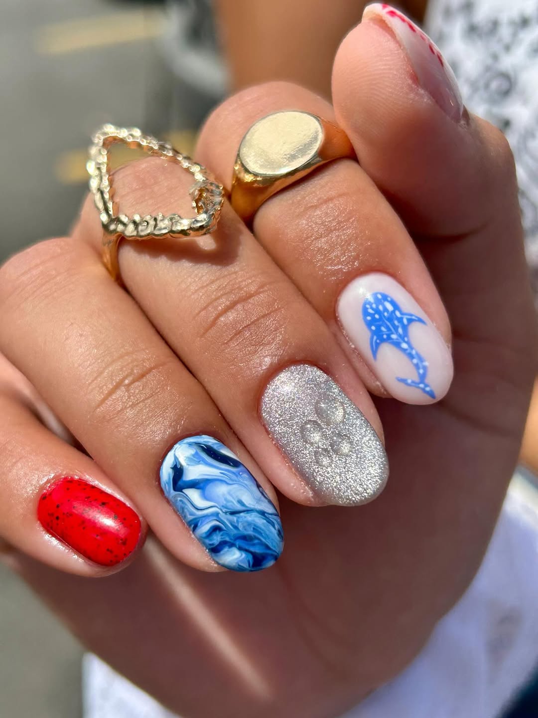 Oceanic Blue Marble Glitter Shark Nails