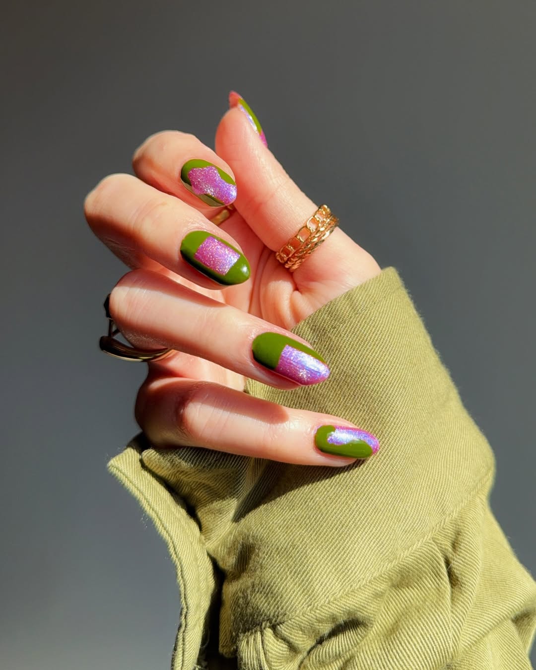 Olive Green Nails with Holographic Pink Chrome Accent