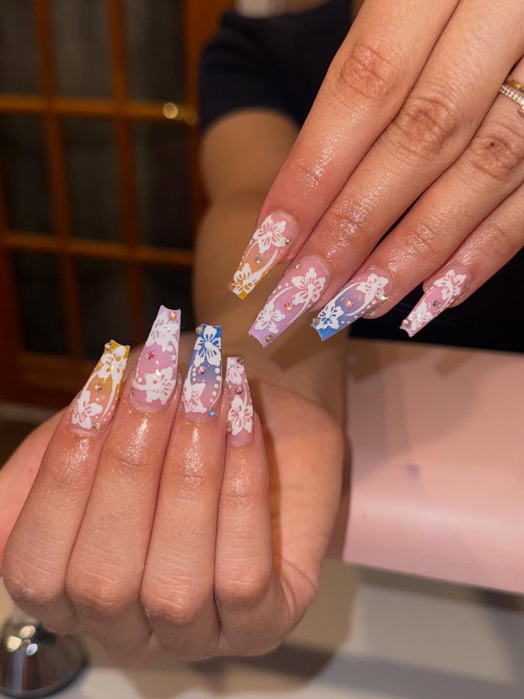 Ombre Floral White Long Coffin Nails With Rhinestones