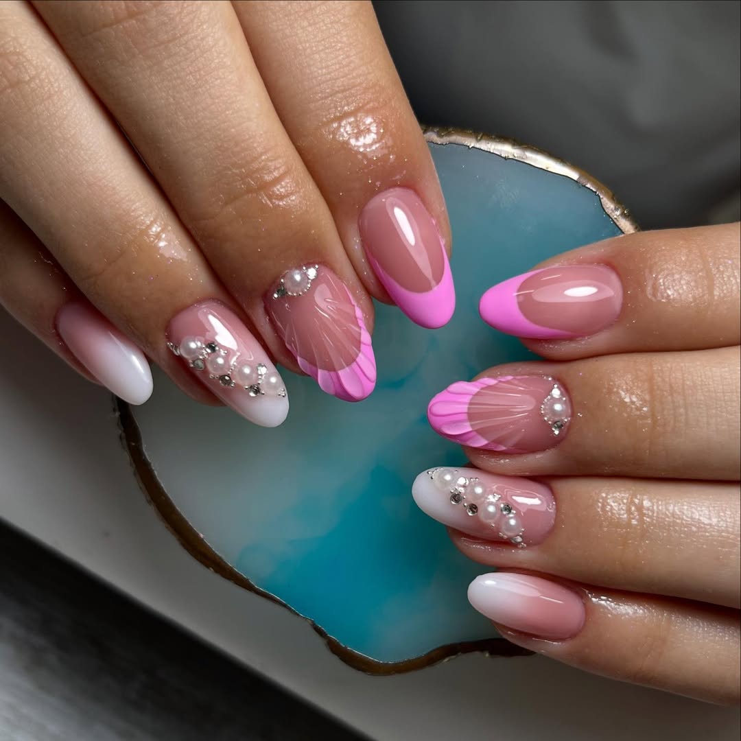 Ombre Milky Pink Shell Nails with Pearls