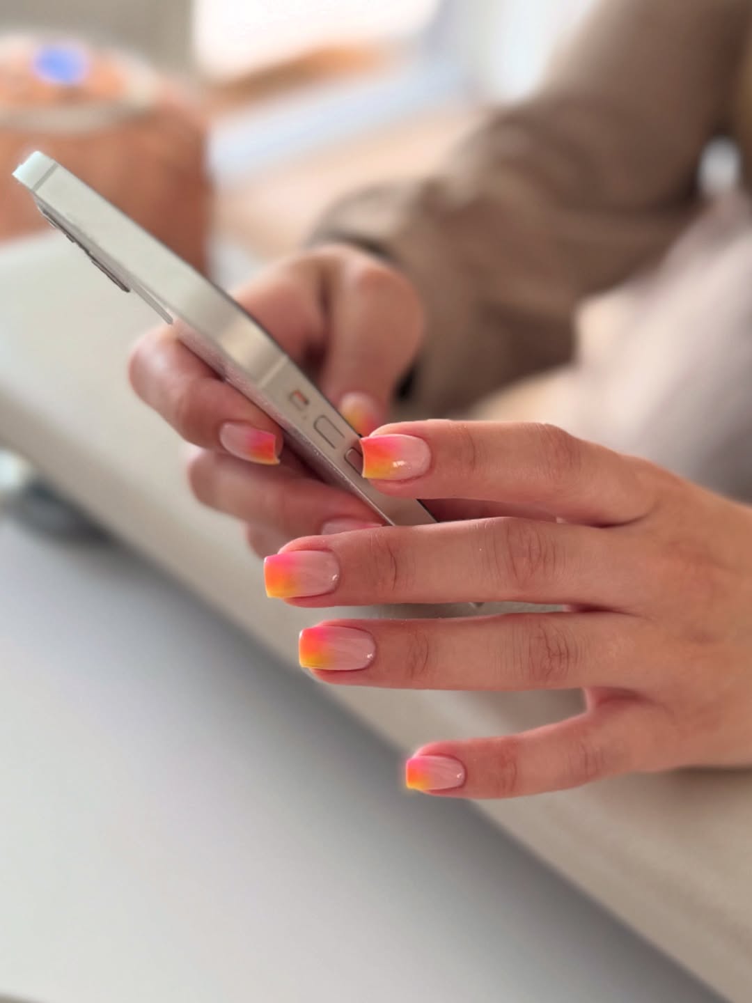 Ombre Neon Pink Orange Yellow Square Nails