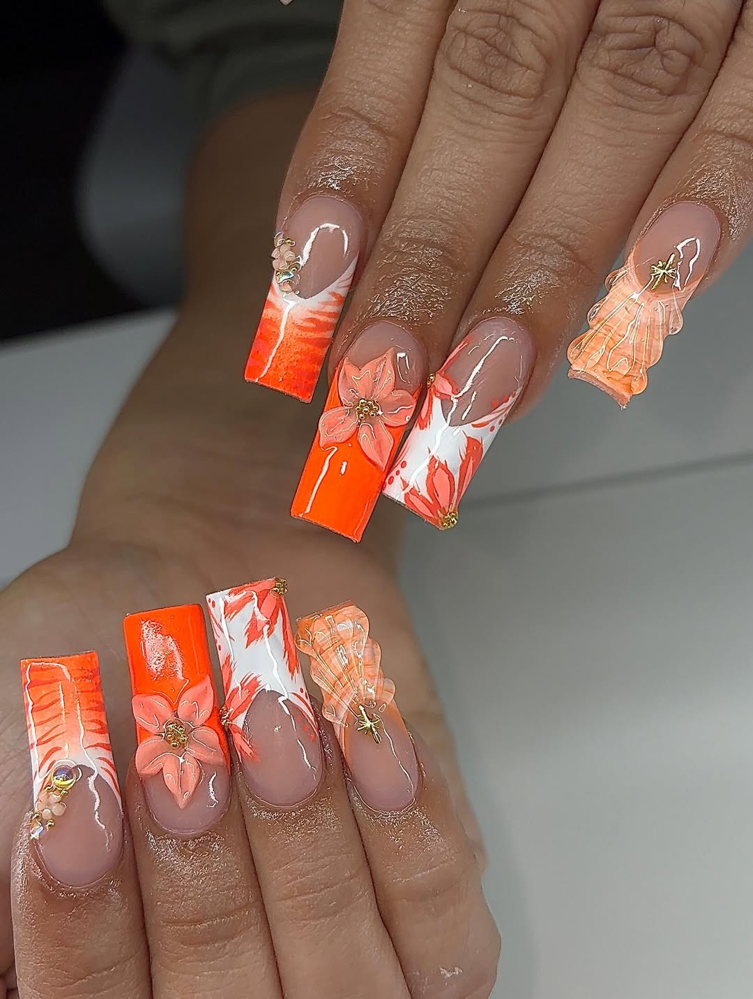 Ombre Orange French Tip With Floral And Seashell Art