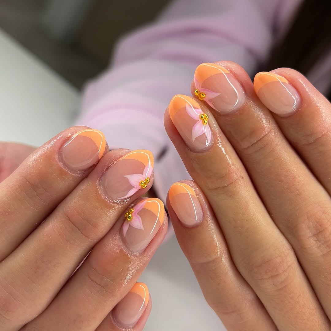 Ombre Orange Nude French Tip Floral Accents