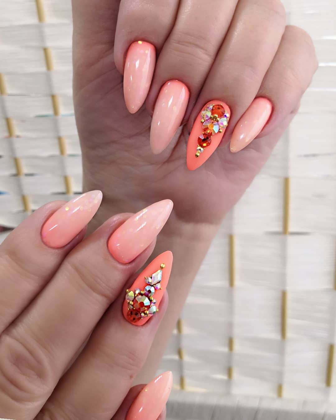 Ombre Peach Rhinestone Glam Almond Nails
