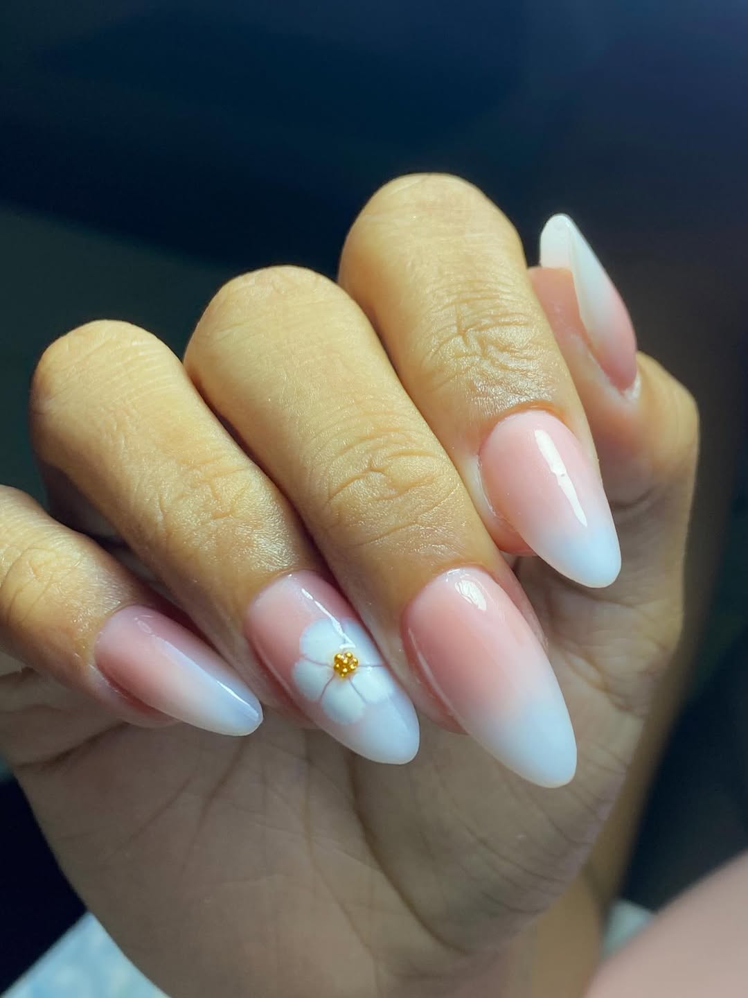 Ombre Pink White Almond Nails With Delicate Flower Art