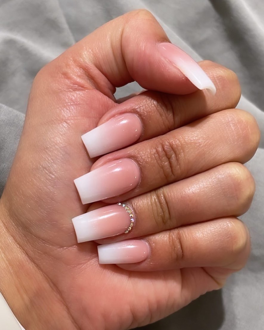 Ombre Pink White Coffin Nails with Rhinestone Accent