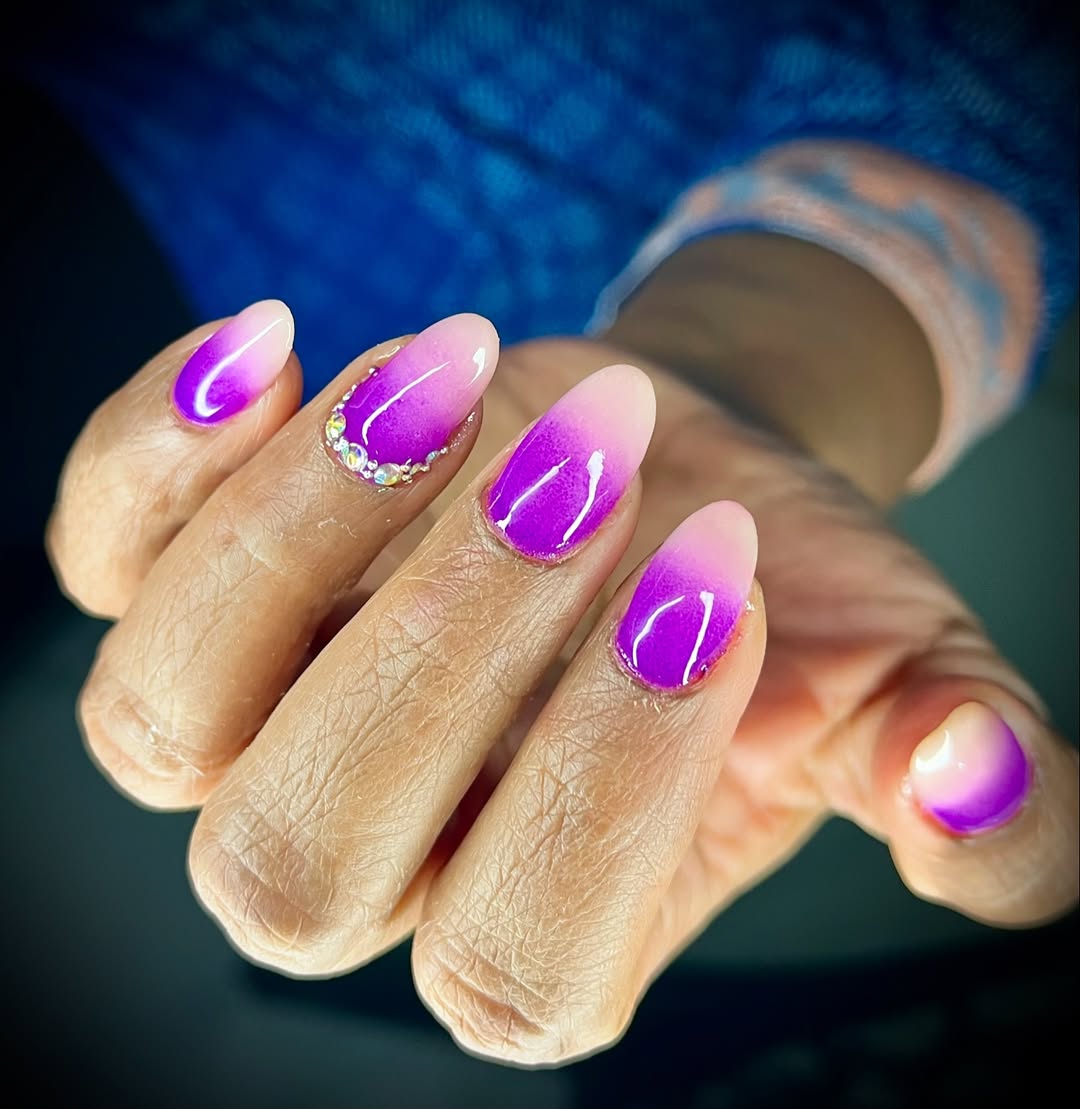 Ombre Purple Almond Nails With Rhinestone Cuticle