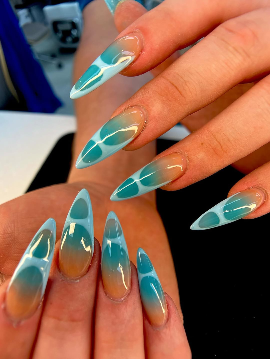 Ombre Teal Blue And Nude Stiletto Aura Nails