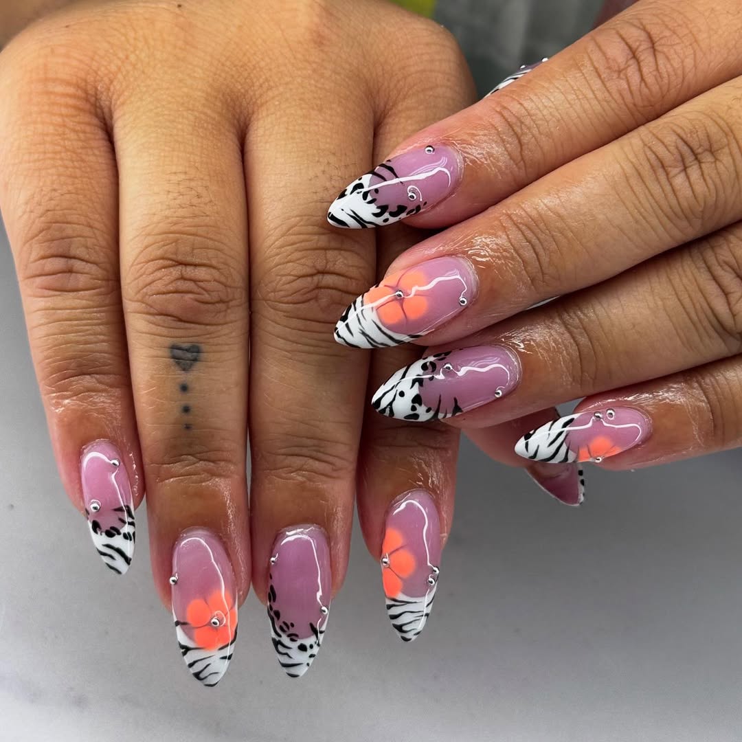 Orange Aura Zebra Print Almond Tips with Studs