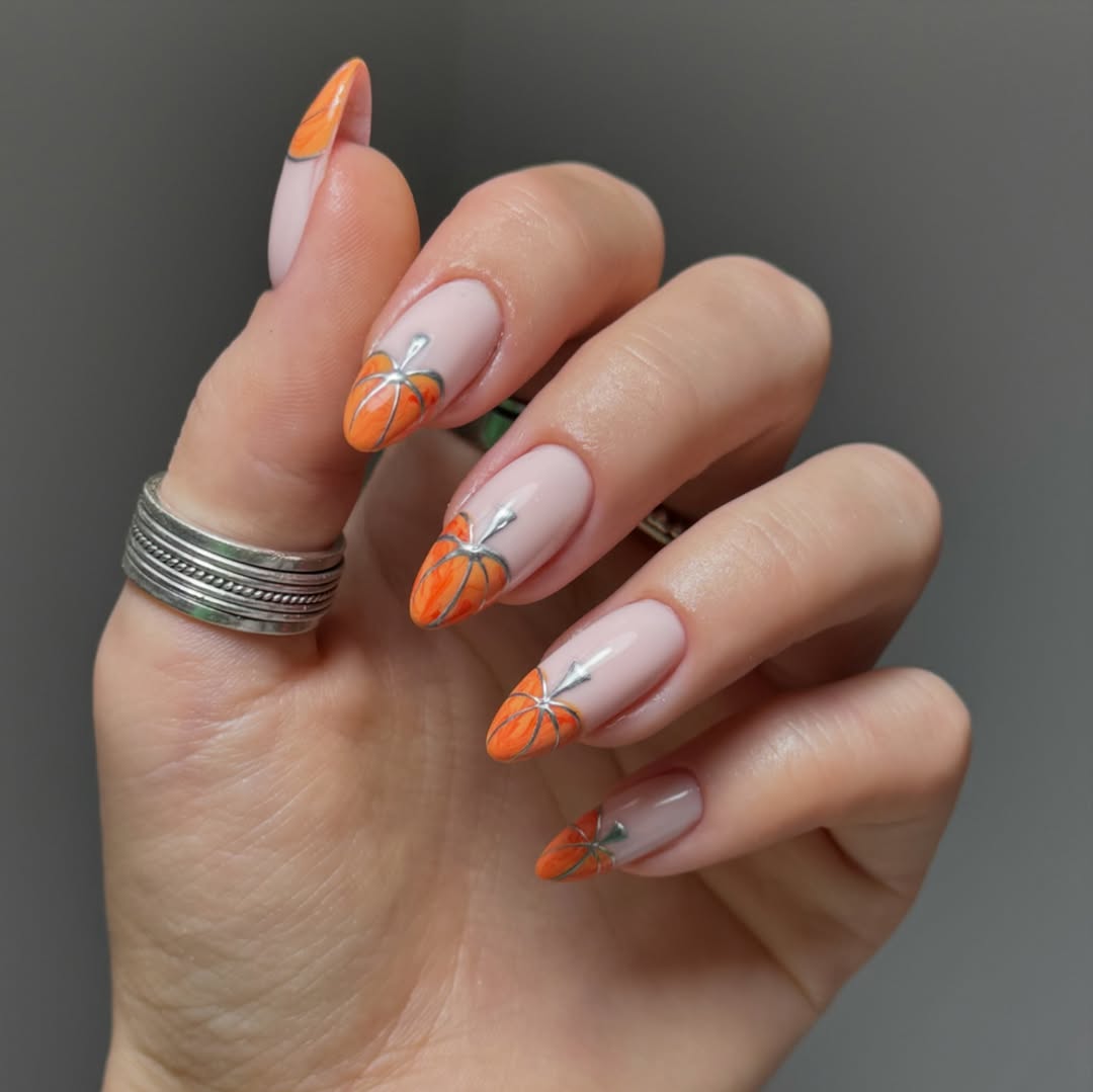 Orange Pumpkin Tip Almond Nails with Silver Accents