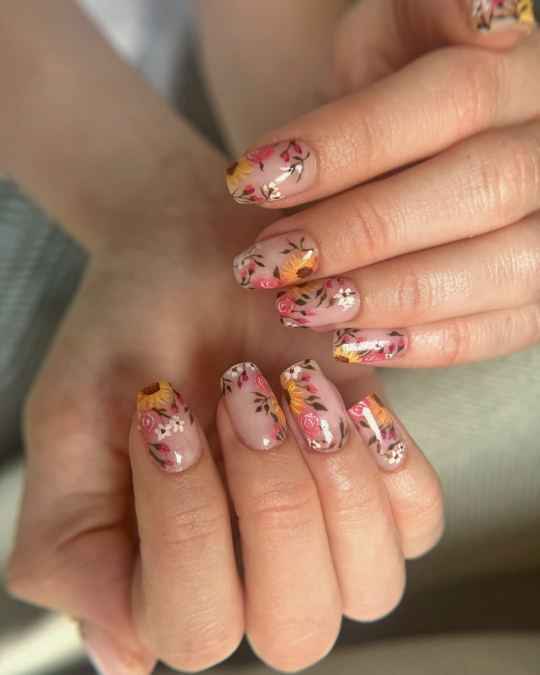 Painted Summer Sunflower and Rose Garden Nails