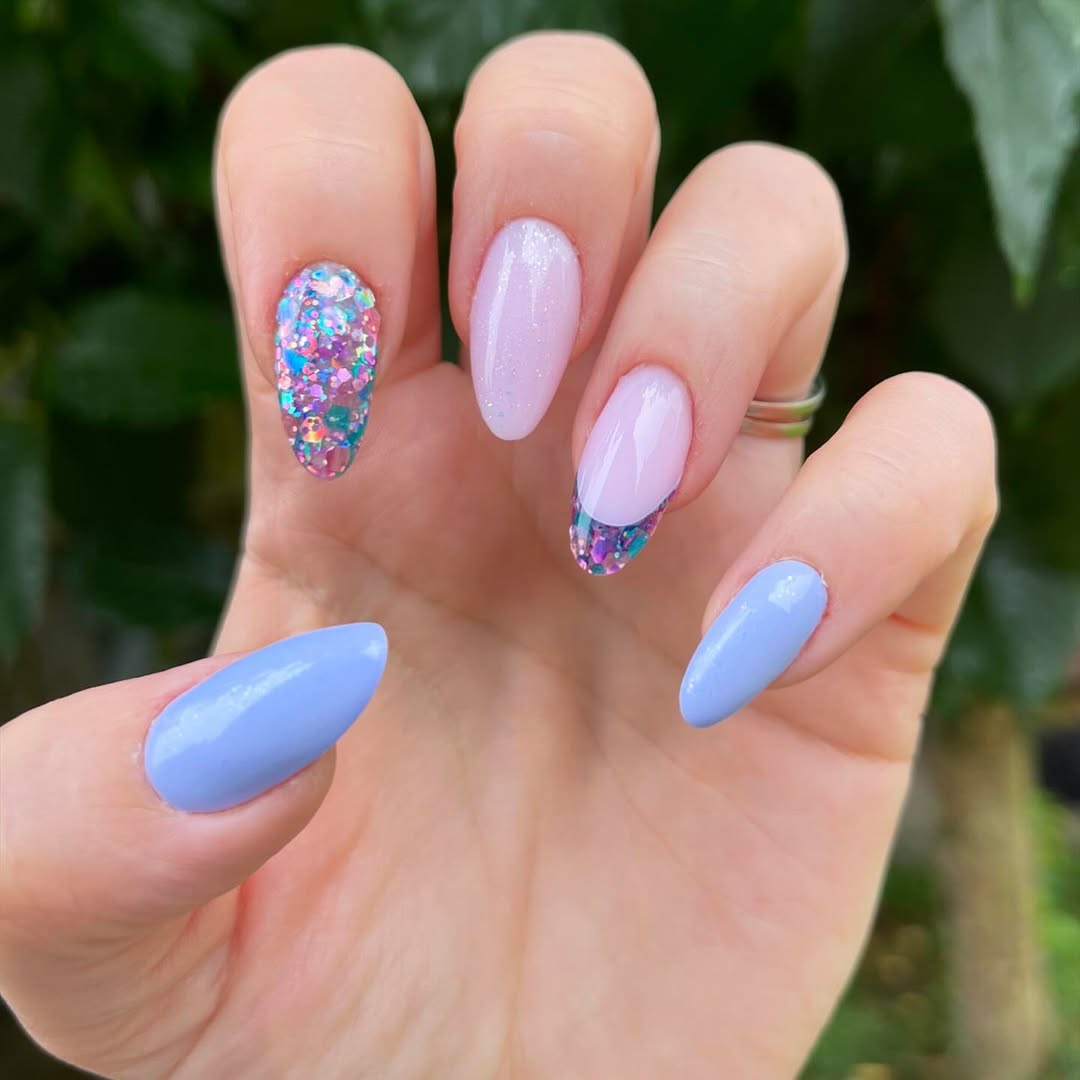 Pastel Blue Glitter Ombre Almond Gel Nails