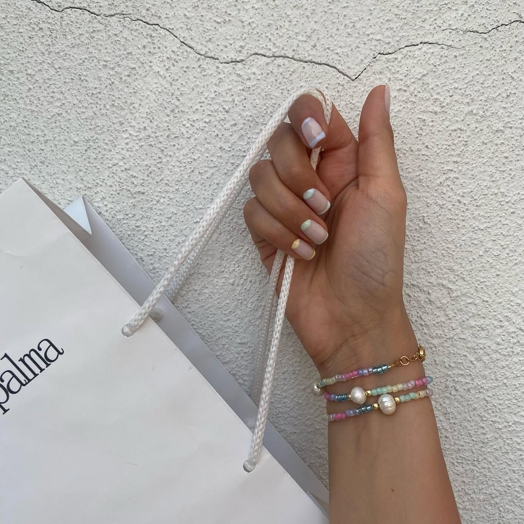 Pastel Color Block Short Glossy French Tip Nails