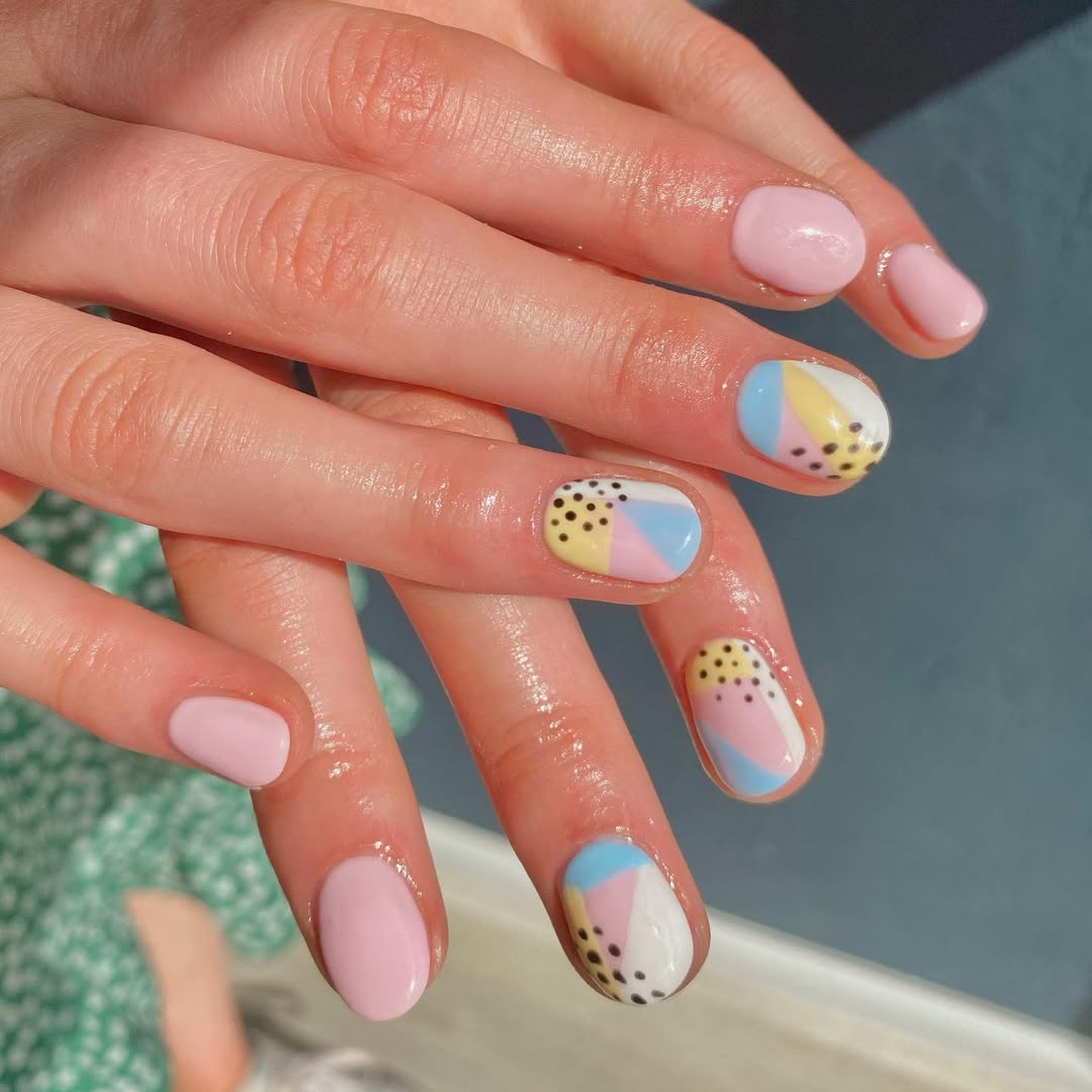 Pastel Color Block Short Round Nails with Dots