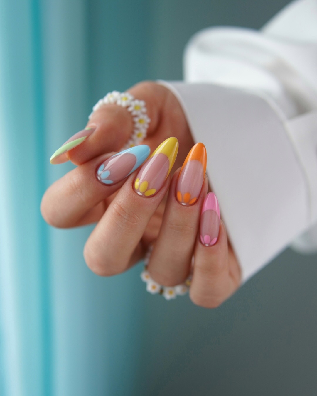 Pastel Daisy French Tips with Almond Shape