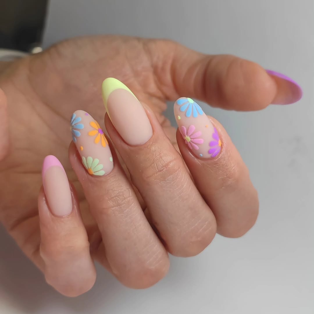 Pastel Daisy Matte Almond French Tips