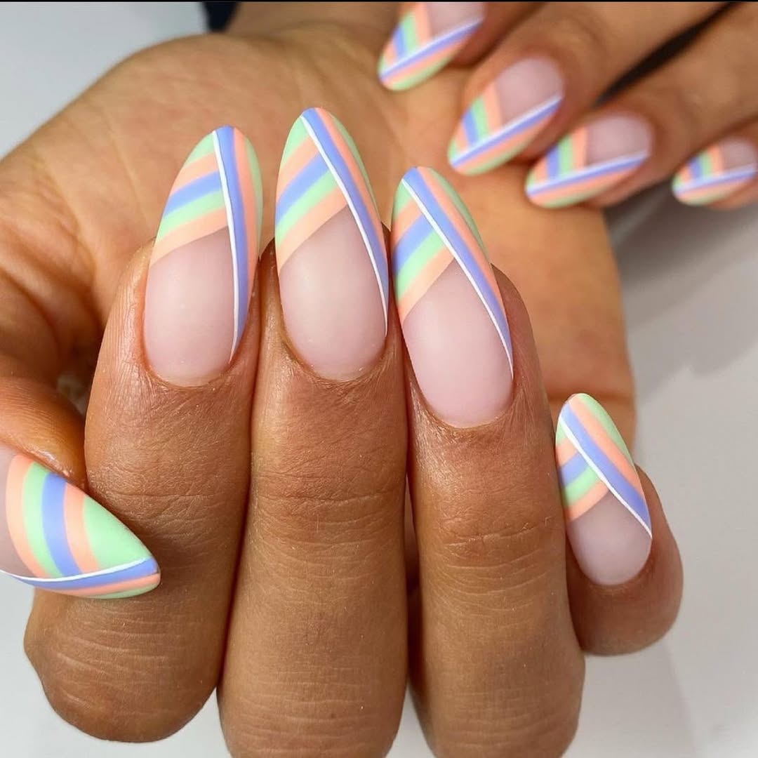 Pastel Diagonal Stripe Almond Nails with White Outline