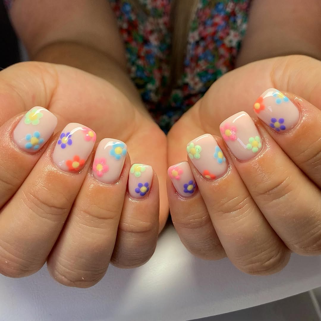 Pastel Floral Glossy Short Squoval Nails