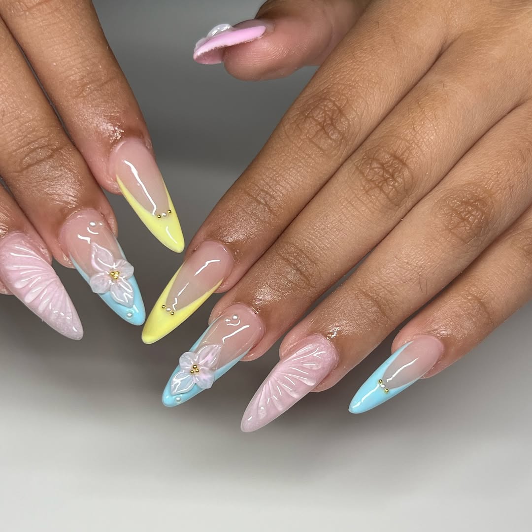 Pastel French Tips with 3D Floral Accents
