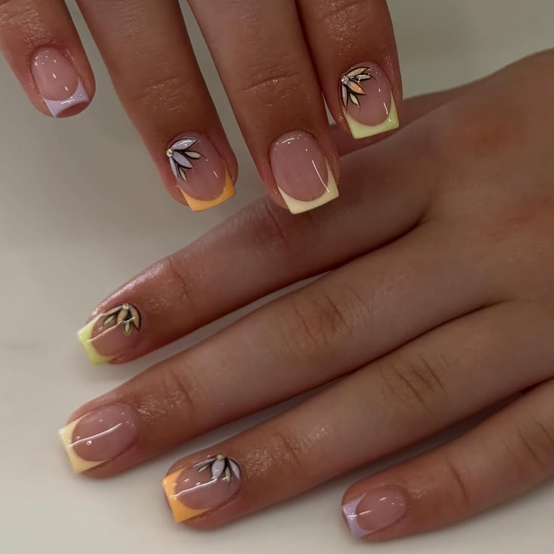 Pastel French Tips with Minimalist Floral Accents