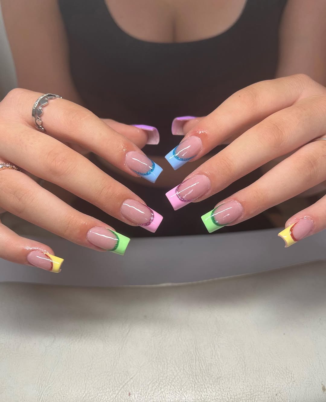 Pastel Glitter Outline French Tip Square Nails