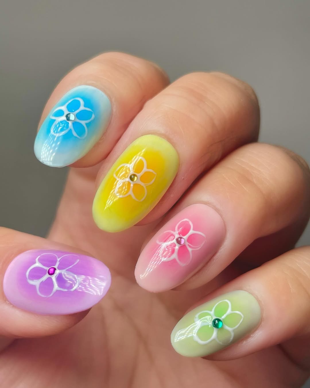 Pastel Ombre Flower Gemstone Summer Nails