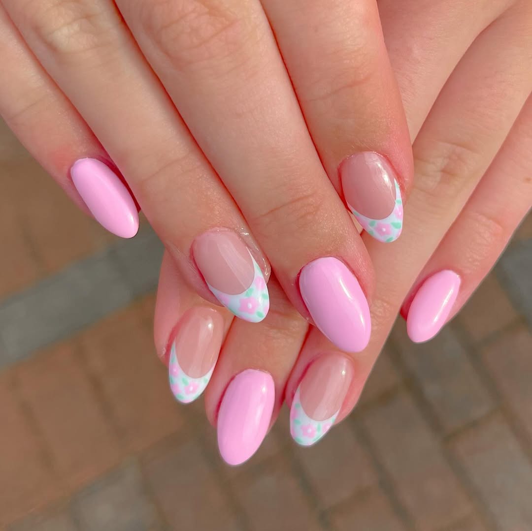 Pastel Pink and Daisy French Tip Nails