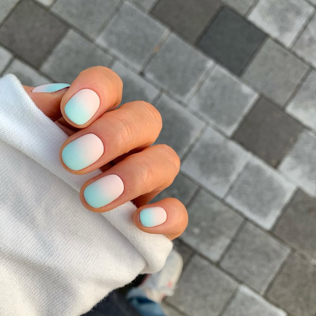 Pastel Pink Blue Ombre Matte Short Round Nails