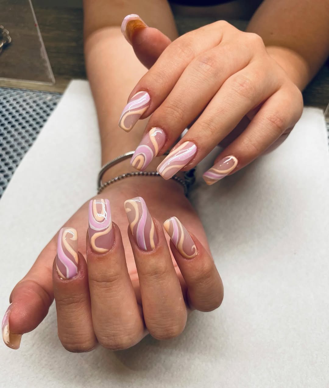 Pastel Pink Peach Swirl French Tip Nails