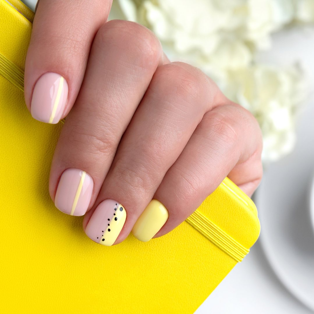 Pastel Pink Yellow Dot Art Short Squoval Nails