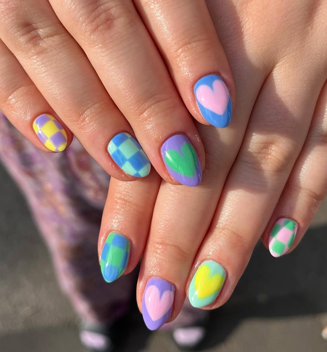 Pastel Playful Checkerboard and Heart Nails