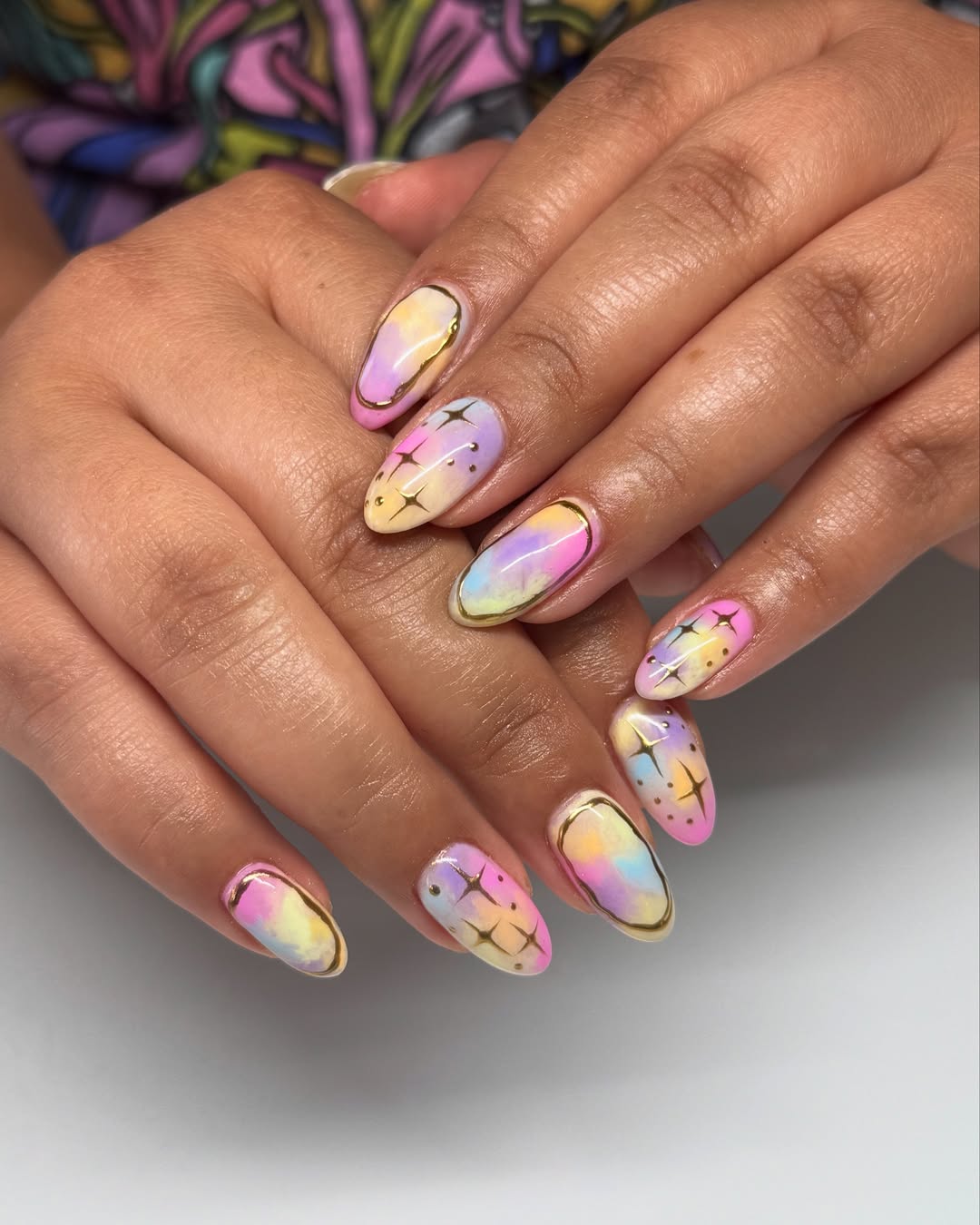 Pastel Rainbow Aura Gold Outline Oval Nails