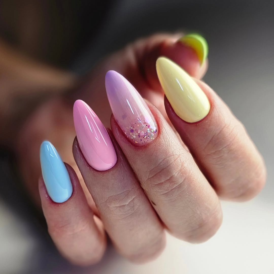 Pastel Rainbow Glitter Ombre Almond Nails