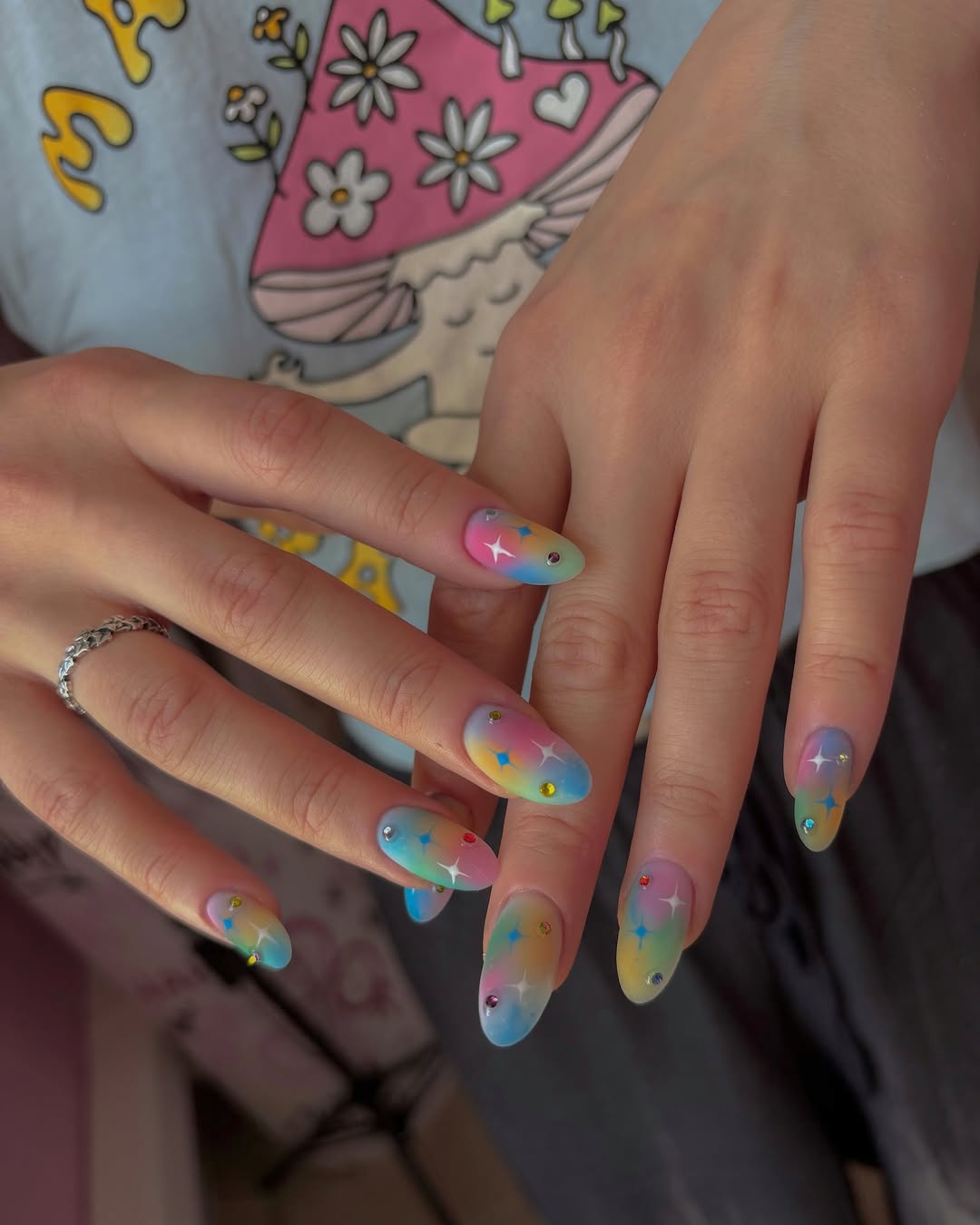 Pastel Rainbow Gradient Nails with Star Decals