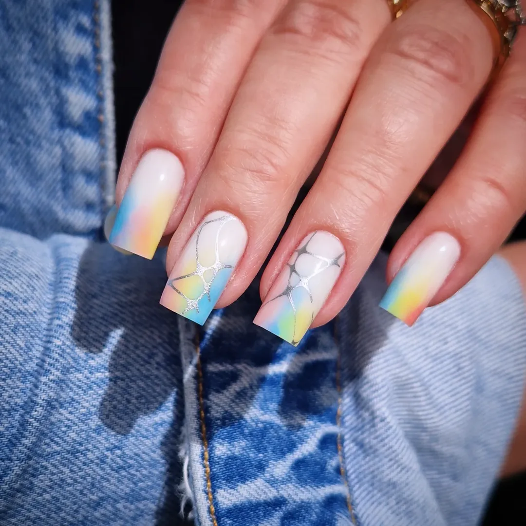Pastel Rainbow Gradient White Nails with Silver Webs