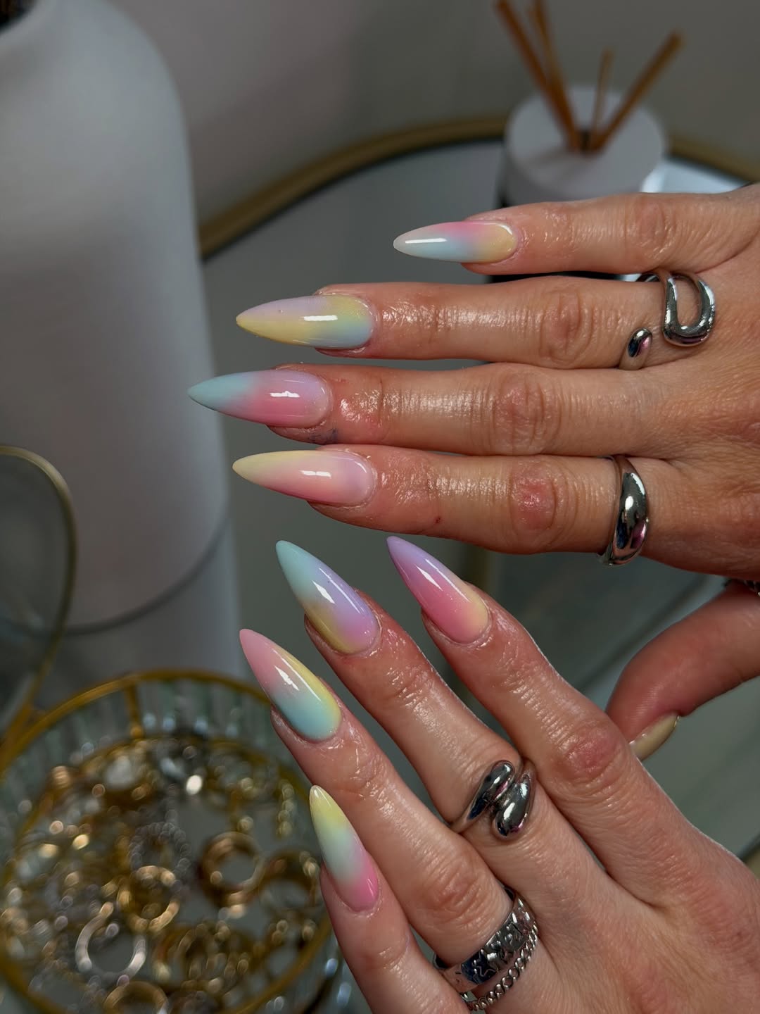 Pastel Rainbow Ombré Stiletto Gel Nails
