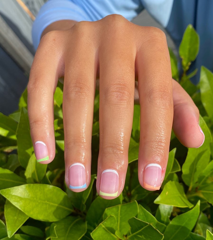 Pastel Rainbow Tip French Manicure Short Round Nails